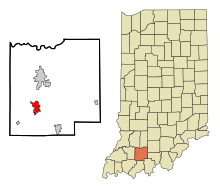 Dubois County Indiana Sisältää ja rekisteröimättömät alueet Huntingburg Highlighted.svg