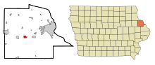 Dubuque County Iowa Sisällytetyt ja rekisteröimättömät alueet Epworth Highlighted.svg