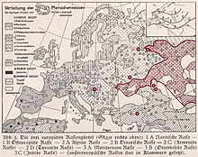 German ethnographic or racial map (c. 1889-1901) showing the supposed extent of the Turanid race in Europe Eickstedt Europe Turanid.jpg