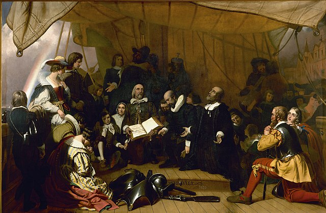 Pilgrims John Carver, William Bradford and Myles Standish at prayer during their voyage to North America. 1844 painting by Robert Walter Weir.