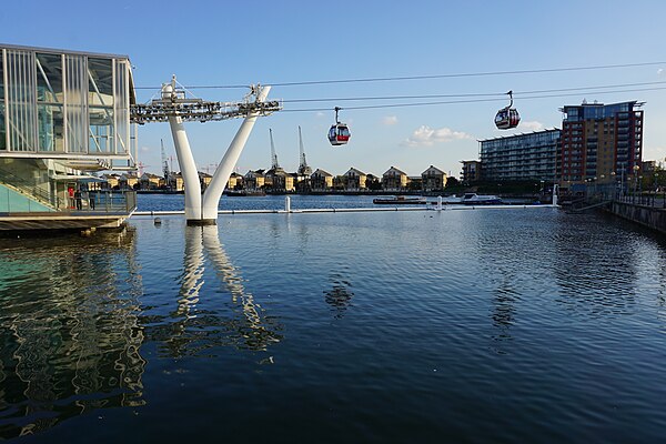 The Emirates Air Line crosses the River Thames between Greenwich Peninsula and the Royal Docks.