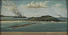 Painting by Manuel Jordan showing the USS New Orleans (on the right) burning the beached Spanish steamer Antonio Lopez (on the left) near the coast of Puerto Rico. Escena de la Guerra Hispanoamericana.jpeg