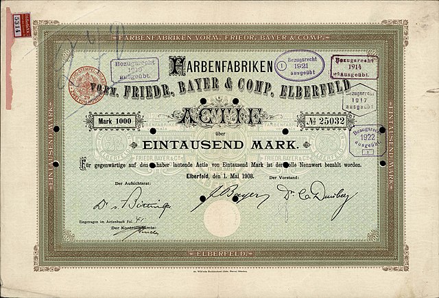 Share of Farbenfabriken vorm. Friedr. Bayer & Comp in Elberfeld, issued 1 May 1908