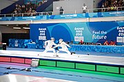 Deutsch: Fechten bei den Olympischen Jugend-Sommerspielen 2018: Tag 1, 7. Oktober 2018, Jungen, Säbel, Kampf um Bronze - Mazen Elaraby (EGY) - Robert Vidovszky (USA) 15:10 English: Fencing at the 2018 Summer Youth Olympics at 7 October 2018 – Boys' sabre Bronze medal match – Mazen Elaraby (EGY) Vs Robert Vidovszky (USA) 15:10