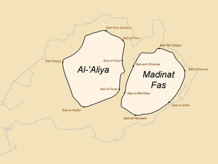 Fes before 1069: the approximate outline of the dual cities of al-'Aliya and Madinat Fas, with their own walls (according to Levi-Provencal). The river (not traced here) runs between them. The grey lines represent the outline of the walls today. Fes walls history 1 - early 11th century (pre-Almoravid).png