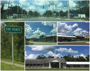 Arriba, de izquierda a derecha: Intersección principal de Five Points, letrero de Five Points, Five Points Elementary, Five Points Pawn, Pine Grove Baptist Church
