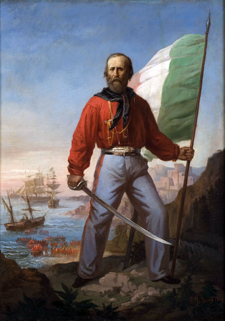 Giuseppe Garibaldi during the Expedition of the Thousand holding a flag of Italy.