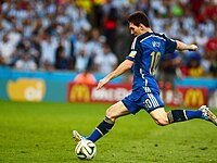 Lionel Messi, who is sponsored by Adidas, prepares to shoot with his dominant left foot during the final of the 2014 FIFA World Cup. Germany and Argentina face off in the final of the World Cup 2014 04 crop.jpg