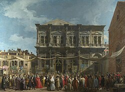 Benátská Scuola Grande di San Rocco v den svátku sv. Rocha (autorem obrazu Giovanni Antonio Canal, zv. Canaletto; asi 1735, National Gallery, Londýn)