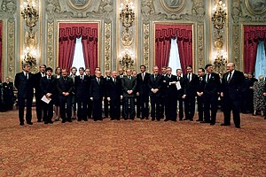 Official photo of the Berlusconi's government after the oath at the Quirinal Palace Giuramento Governo Berlusconi II.jpg