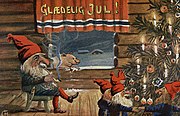 Norsk julekort med nisser, julegris og juletre tegnet av Christian Magnus ca. 1917.