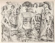 Gravure en noir présentant un jardin clos au sein duquel des hommes et des femmes conversent et jouent.