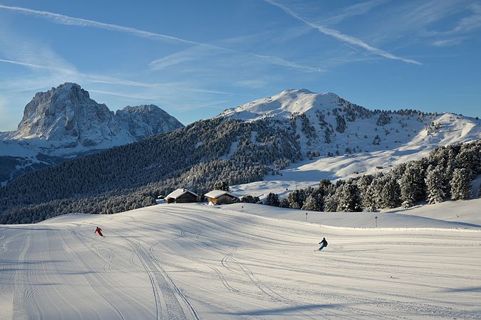 图为意大利瓦尔加迪纳（英语：Val Gardena）Seceda山（义大利语：Seceda）修整过的滑雪道。
