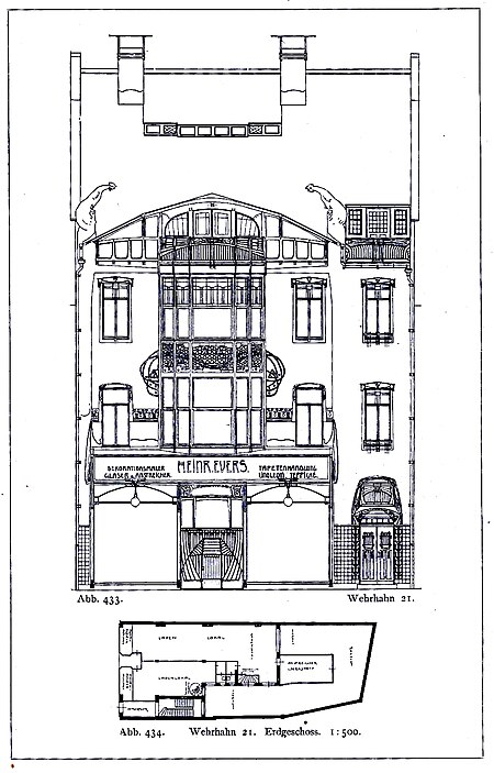 Haus Wehrhahn 21 in Düsseldorf, Evers'sches Geschäftshaus, erbaut durch den Architekten P. P. Fuchs im Jahre 1903