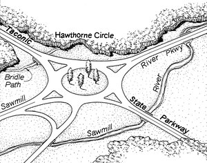 A map of the interchange's former iteration as a traffic circle
