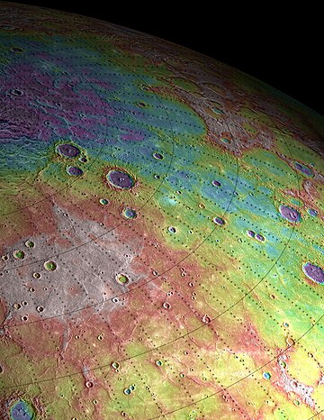 Strauss is near the center of this projection of part of the northern hemisphere of Mercury showing topography (red is high and blue is low) Highs and Lows of Mercury's north pole (7009070545).jpg