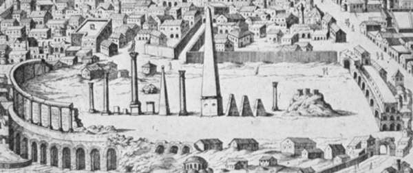 Ruins of the Hippodrome, from an engraving by Onofrio Panvinio in his work De Ludis Circensibus (Venice, 1600). The engraving, dated 1580, may be base