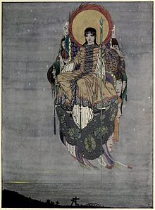 "Honour has come back, as a king, to earth," illustration by Harry Clarke in The Year's at the Spring, 1920. Illustration for 'The Dead' in The Year's at the Spring.jpg