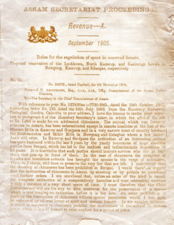 Formal document regarding the 4 November 1904 proposal for the establishment of the Kaziranga Reserve Forest, dated September 1905 Image-Kazi-letter.gif
