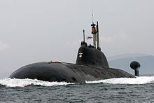 The nuclear-powered attack submarine Chakra underway during TROPEX 2014 Indian Navy's TROPEX-2014 (6).JPG