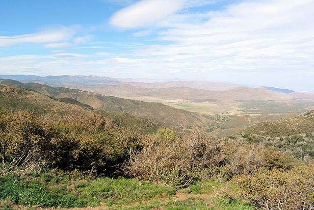 View from Inspiration Point in the Laguna Mountains, 2013. Chaparral in the foreground, Anza Borrego Desert State Park on the right of the background.