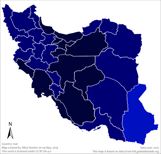 Map of the Iranian provinces by Human Development Index in 2017. Legend: .mw-parser-output .legend{page-break-inside:avoid;break-inside:avoid-column}.mw-parser-output .legend-color{display:inline-block;min-width:1.25em;height:1.25em;line-height:1.25;margin:1px 0;text-align:center;border:1px solid black;background-color:transparent;color:black}.mw-parser-output .legend-text{}  0.800 – 1.000 (Very high)   0.700 – 0.799 (High)   0.600 – 0.699 (Medium)