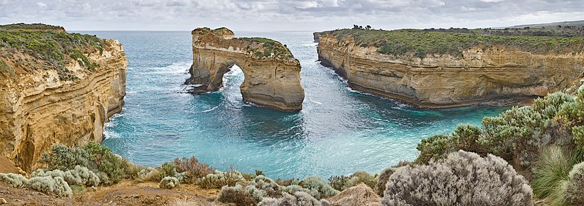 Island Archway on the Great Ocean Road in Victoria, Australia. Taken as a 6 segment panorama showing the surrounding coastline.