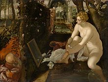 Nude woman being watched by several men as she looks at herself in the mirror