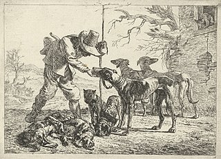 Hunter with seven dogs