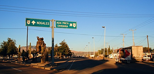 The junction between Federal Highways 2 and 15 in rural Imuris, Sonora. Fed. 2 travels east towards Agua Prieta and Ciudad Juarez while Fed. 15 contin