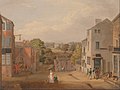 [en→ar]Street Scene in Chorley, Lancashire, with a view of Chorley Hall, by John Bird of Liverpool, ca. 1795