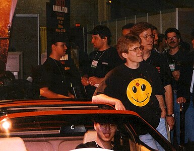 Pro Quake gamer Thresh sitting in a Ferrari 328 he had just won from programmer John Carmack in 1997.