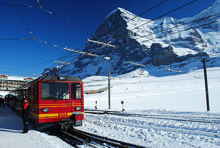 Jungfraubahn at the Kleine Scheidegg railway station with the Eigernordwand in the background