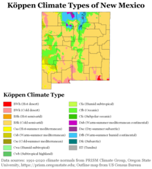 Koppen climate types of New Mexico, using 1991-2020 climate normals Koppen Climate Types New Mexico.png