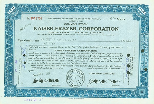 Share of the Kaiser-Frazer Corp., issued 4. January 1947