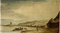 "De Stad Binge met de Muysentoorn middle in den Rijn" ("The town Bingen with the Mouse Tower in the middle of the Rhine") by Lambert Doomer (1624-1700), c. 1663. pen drawing and watercolour, 23x40 cm