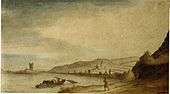 Utsikt over byen Bingen med et tårn midt i Rhinen.  Omtrent 1663.