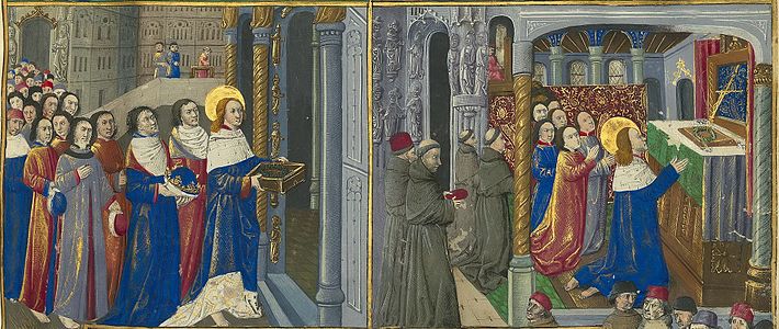 Louis IX places the crown of thorns at Sainte-Chapelle (illuminated manuscript from 1480s)