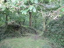 The ruinous northeastern approach to Llangynywyd Castle. Llangynwyd Castle gateway.jpg