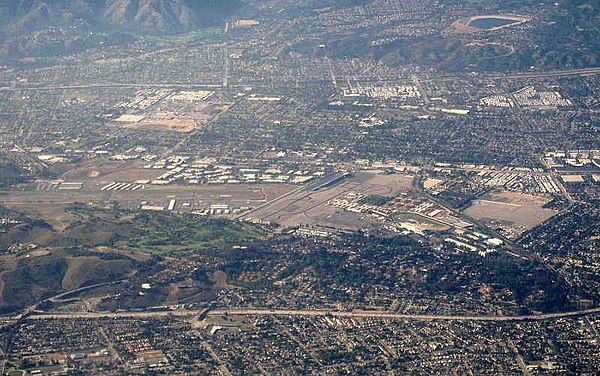 Aerial view of La Verne. Brackett Field is on the center left and Live Oak Reservoir is in the far right.