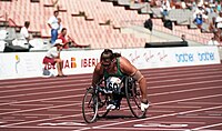 Triple gold medalist Louise Sauvage racing Louise Sauvage racing at Barcelona 1992 Paralympics.jpg