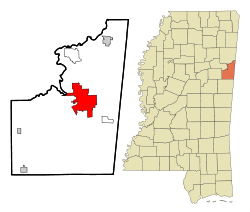Lowndes County Mississippi Incorporated and Unincorporated areas Columbus Highlighted.svg