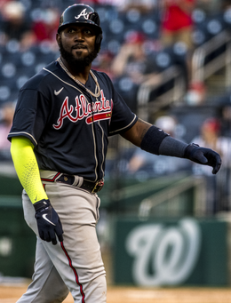 Marcel Ozuna looks to fans from Nationals vs. Braves at Nationals Park, April 6th, 2021 (All-Pro Reels Photography) (51102667320) (cropped).png