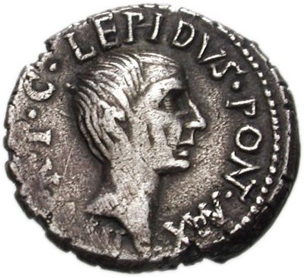 Denarius of 42 BC depicting Lepidus, age about 57. The inscription is III vir rei publicae c(onstituendae) Lepidus pont(ifex) max(imus), meaning "triu