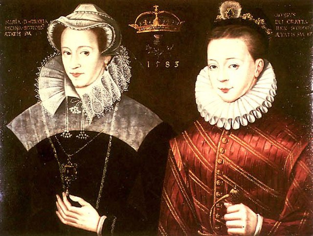 James (right) depicted aged 17 beside his mother, 1583. In reality, they were separated when he was still a baby.