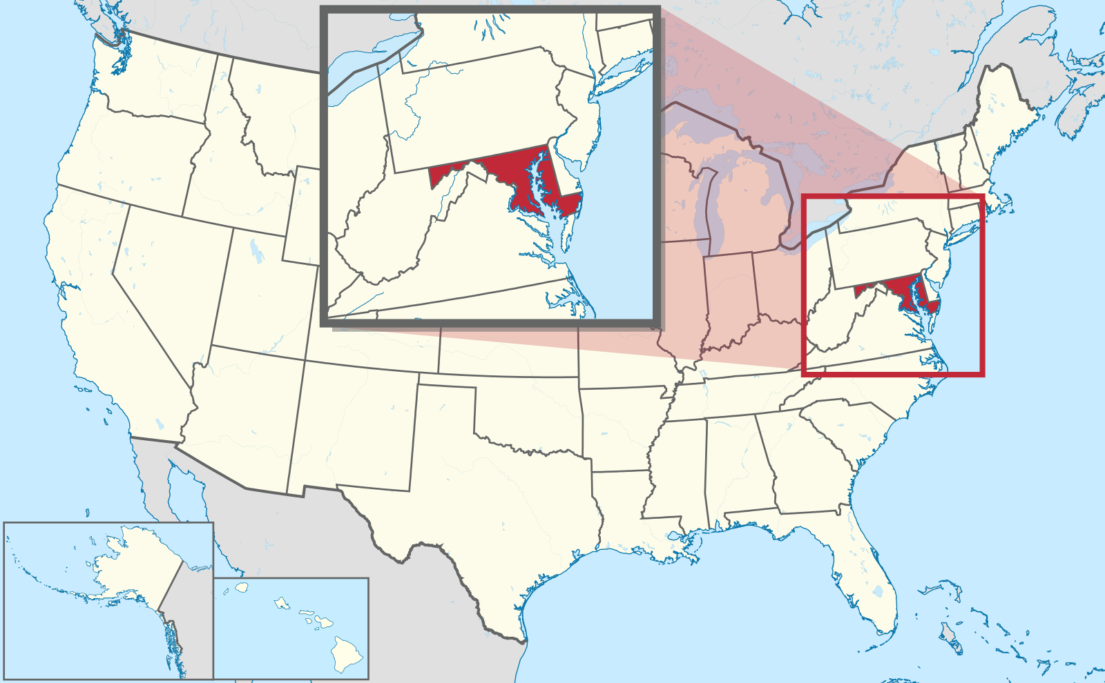 Location of state of Maryland in the United States.