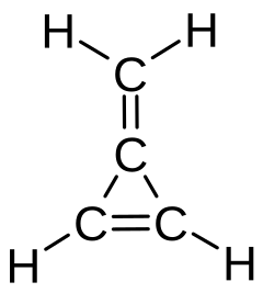 3-Methylidenecycloprop-1-ene is named as a cyclopropene with a methylidene substituent. Methylenecyclopropene.svg