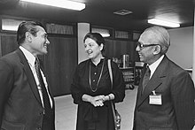Ministers Ali Wardhana (Indonesia), Eegje Schoo (Netherlands), and Widjojo Nitisastro (Indonesia) at an IGGI meeting in The Hague in June 1983. Minister Schoo (Ontwikkelingssamenwerking) in gesprek met de delegatieleider van, Bestanddeelnr 932-6190.jpg