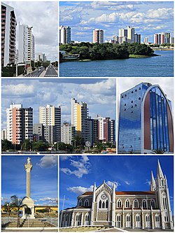 Obere und mittlere Reihe: die Skyline entlang der Flussfront.  Unten links: Statue von Maria und Christus im Praça Dom Malan.  Unten rechts: Herz-Jesu-Kathedrale