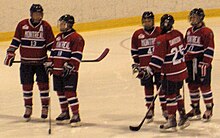 Fotografía de 5 jugadores con la camiseta de las estrellas en la pista de hielo.